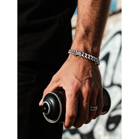 Siver Barbed Wire Cuban Chain Bracelet 7/9mm Punk Gothic Stainless Steel Unisex - Picture 7 of 9